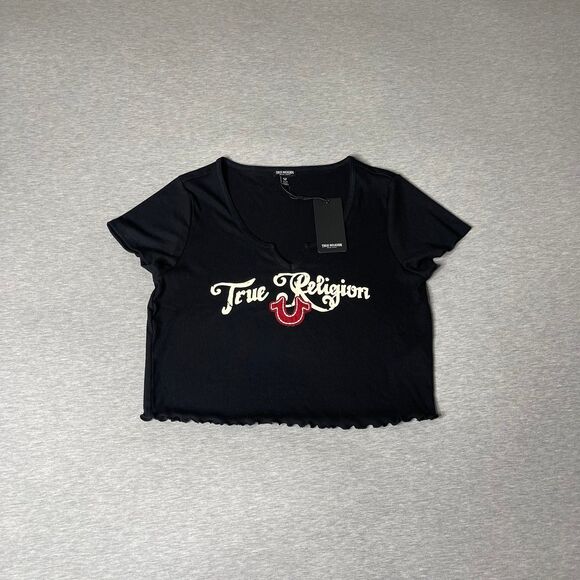 True Religion Women’s Short Sleeve Notched Baby T-Shirt Top - Picture 8 of 9